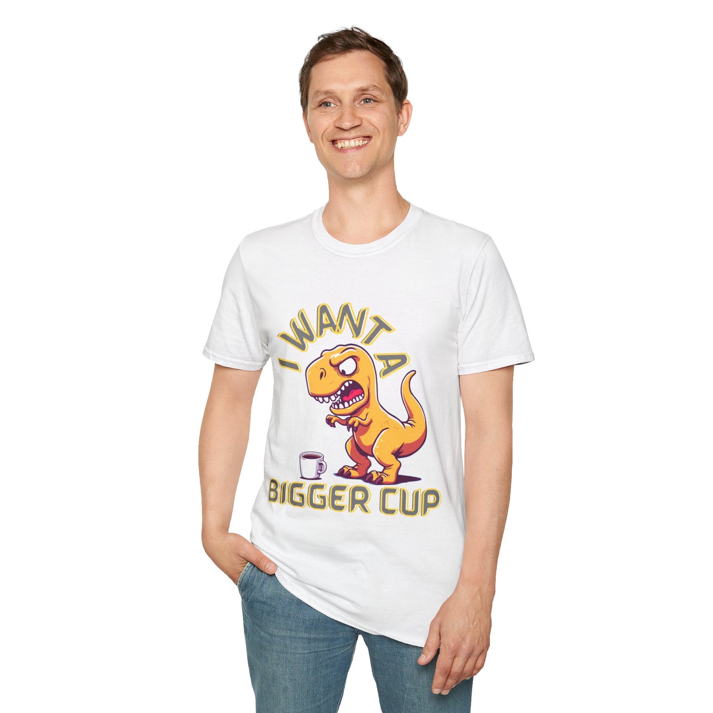 Dino wants a bigger cup Unisex Softstyle T-Shirt