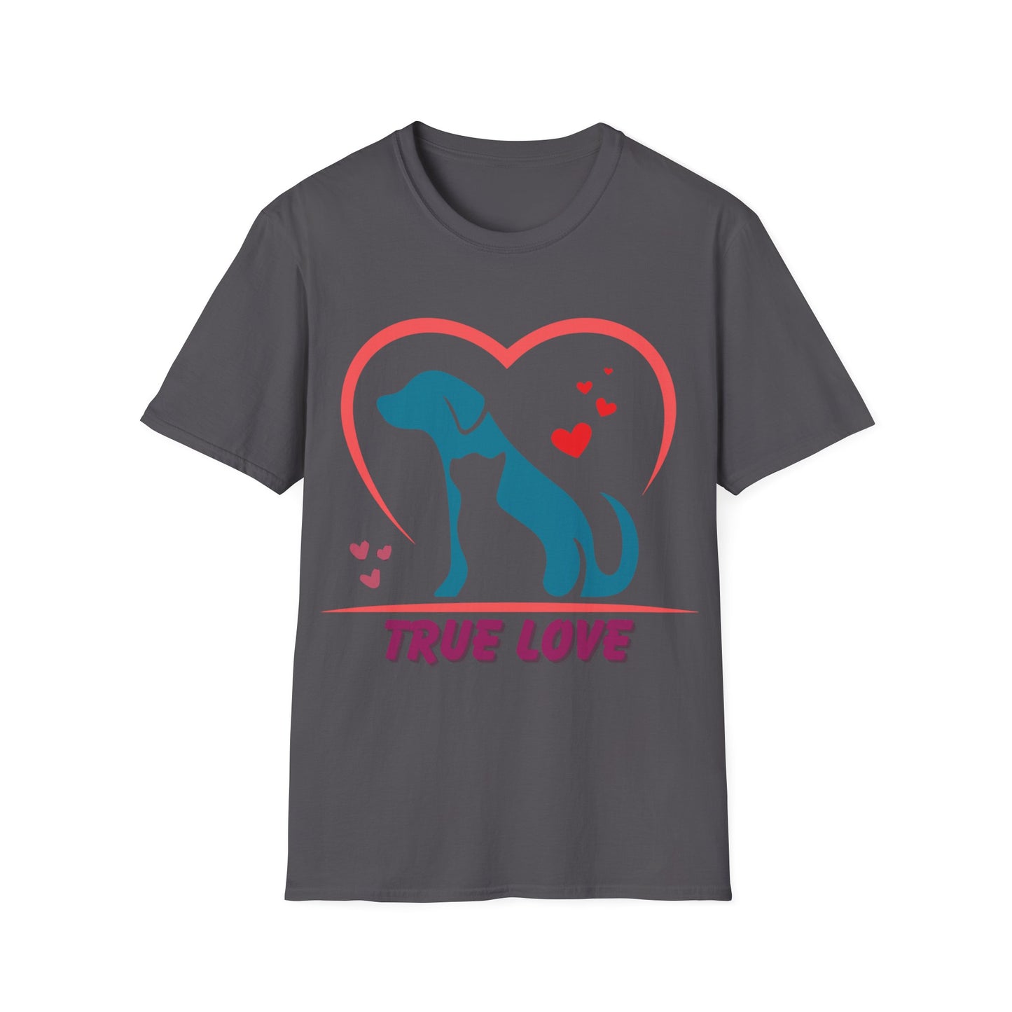 Unisex Softstyle T-Shirt With True Love image of dog and cat