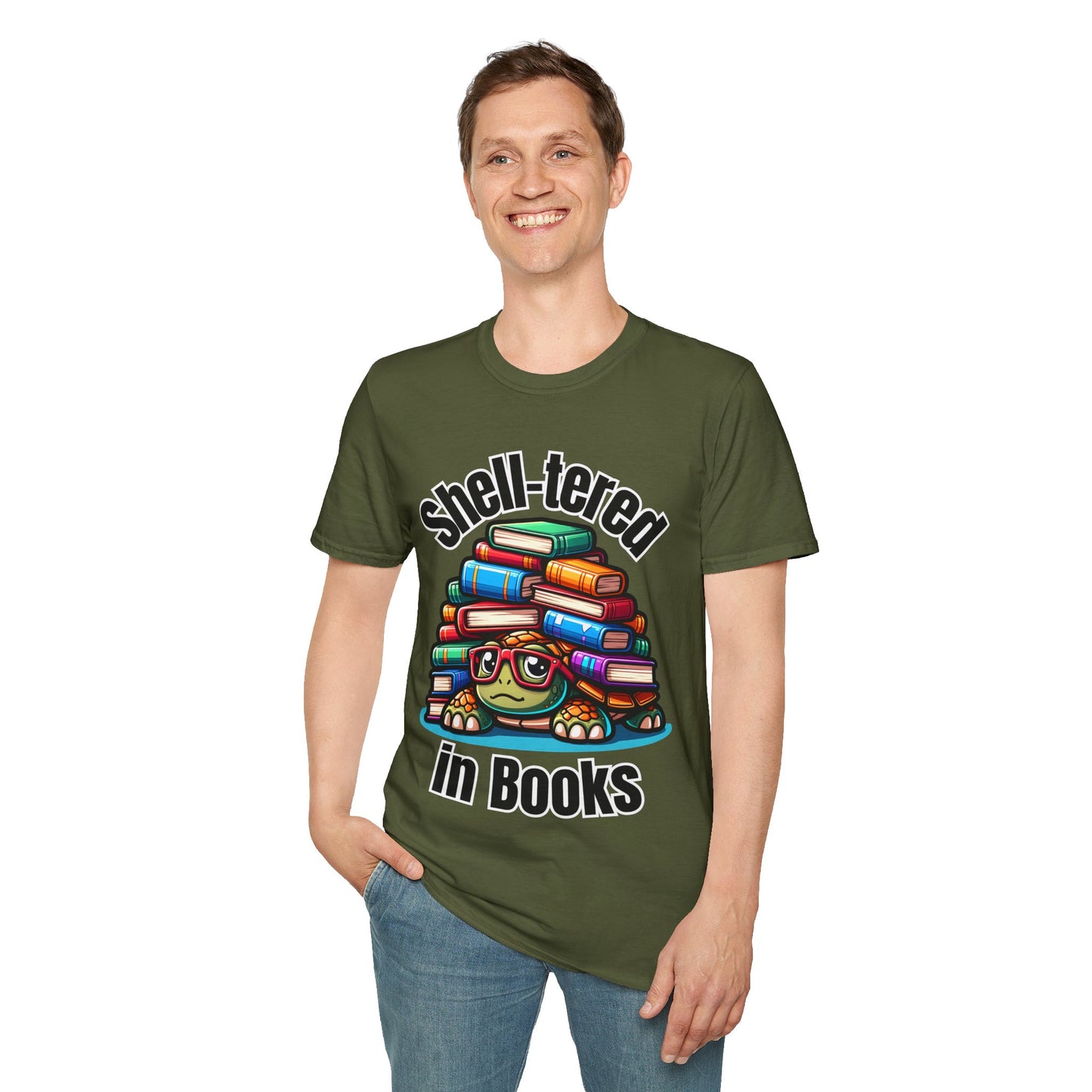 "Shell-tered in Books" Unisex Softstyle T-Shirt