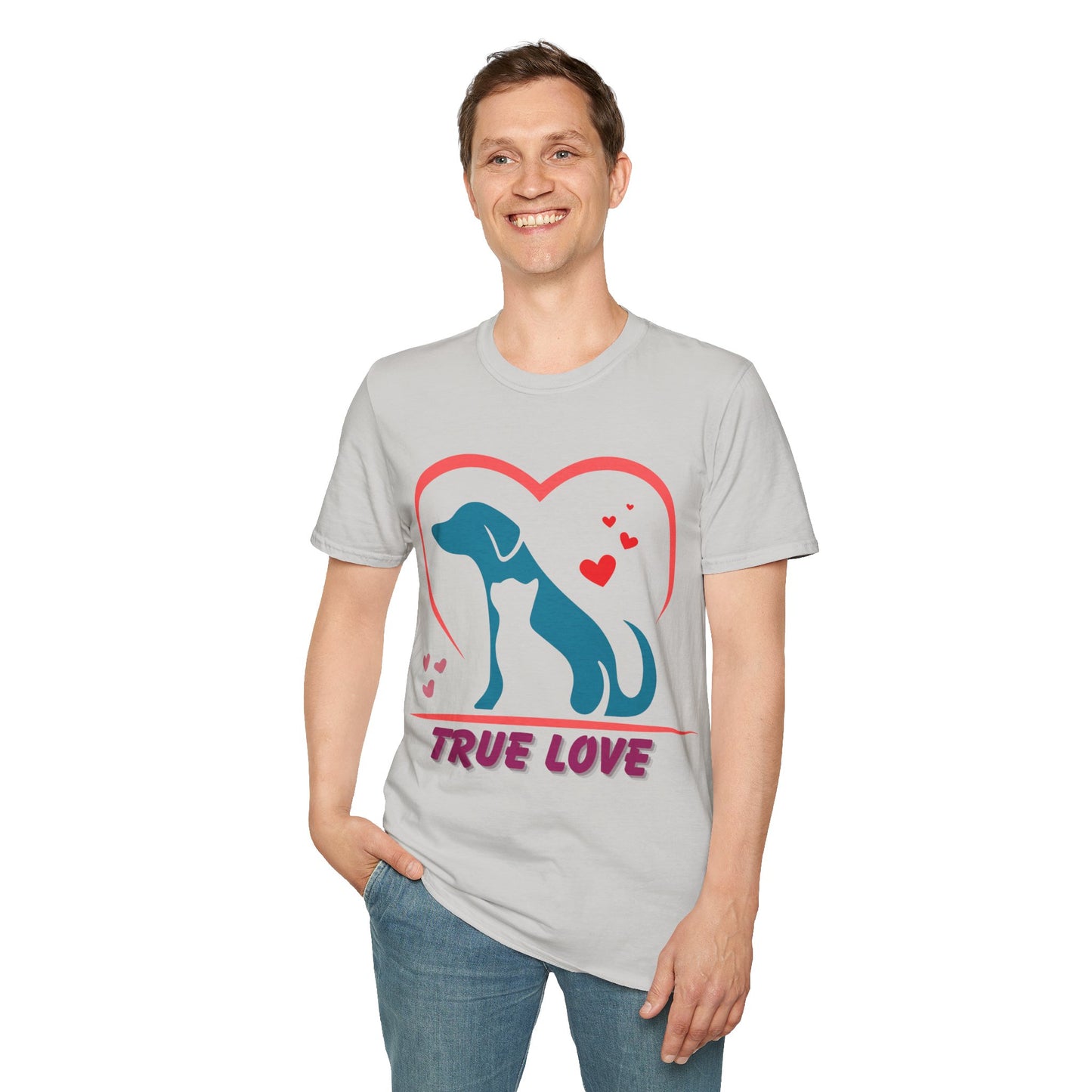 Unisex Softstyle T-Shirt With True Love image of dog and cat