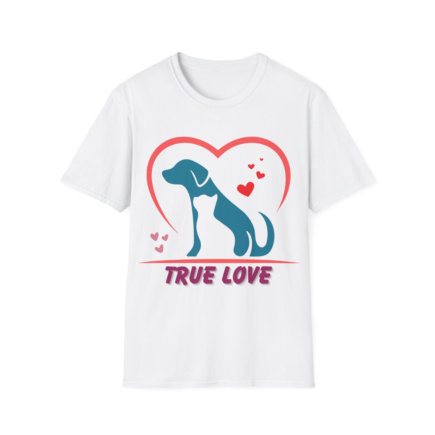 Unisex Softstyle T-Shirt With True Love image of dog and cat