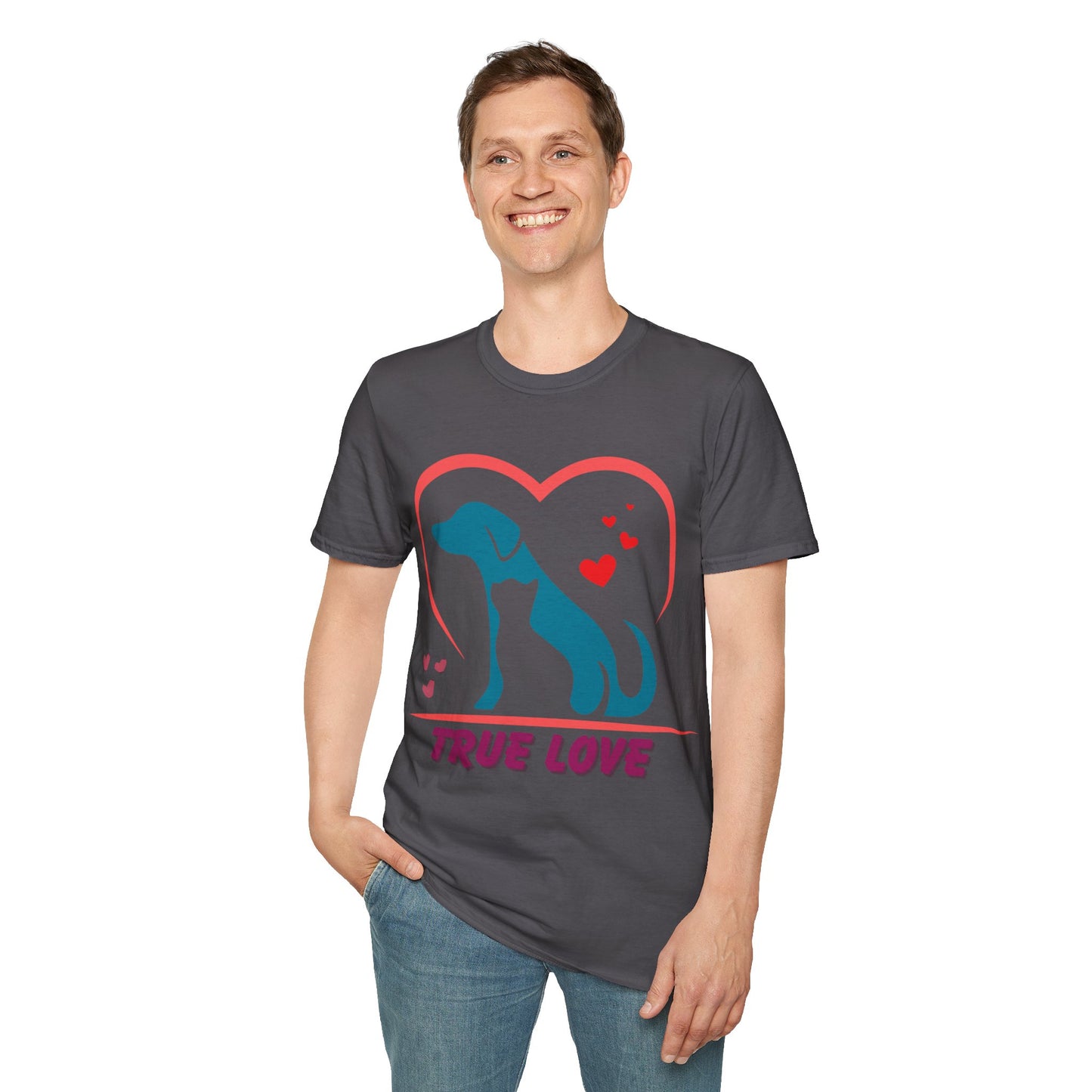 Unisex Softstyle T-Shirt With True Love image of dog and cat