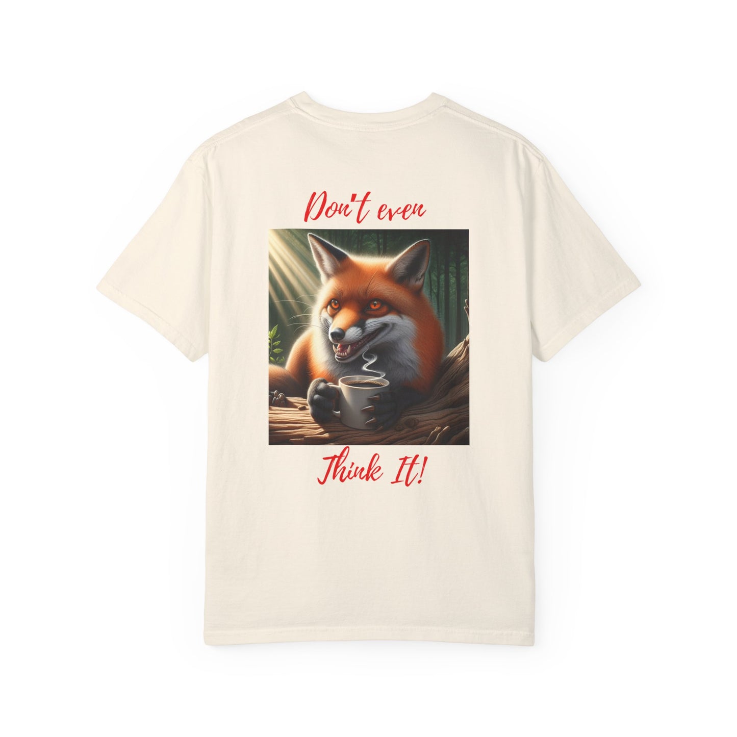 Sly Brew - Unisex T-Shirt: Evil Fox with Coffee - "Don't Even Think It!" Design. Ideal gift.