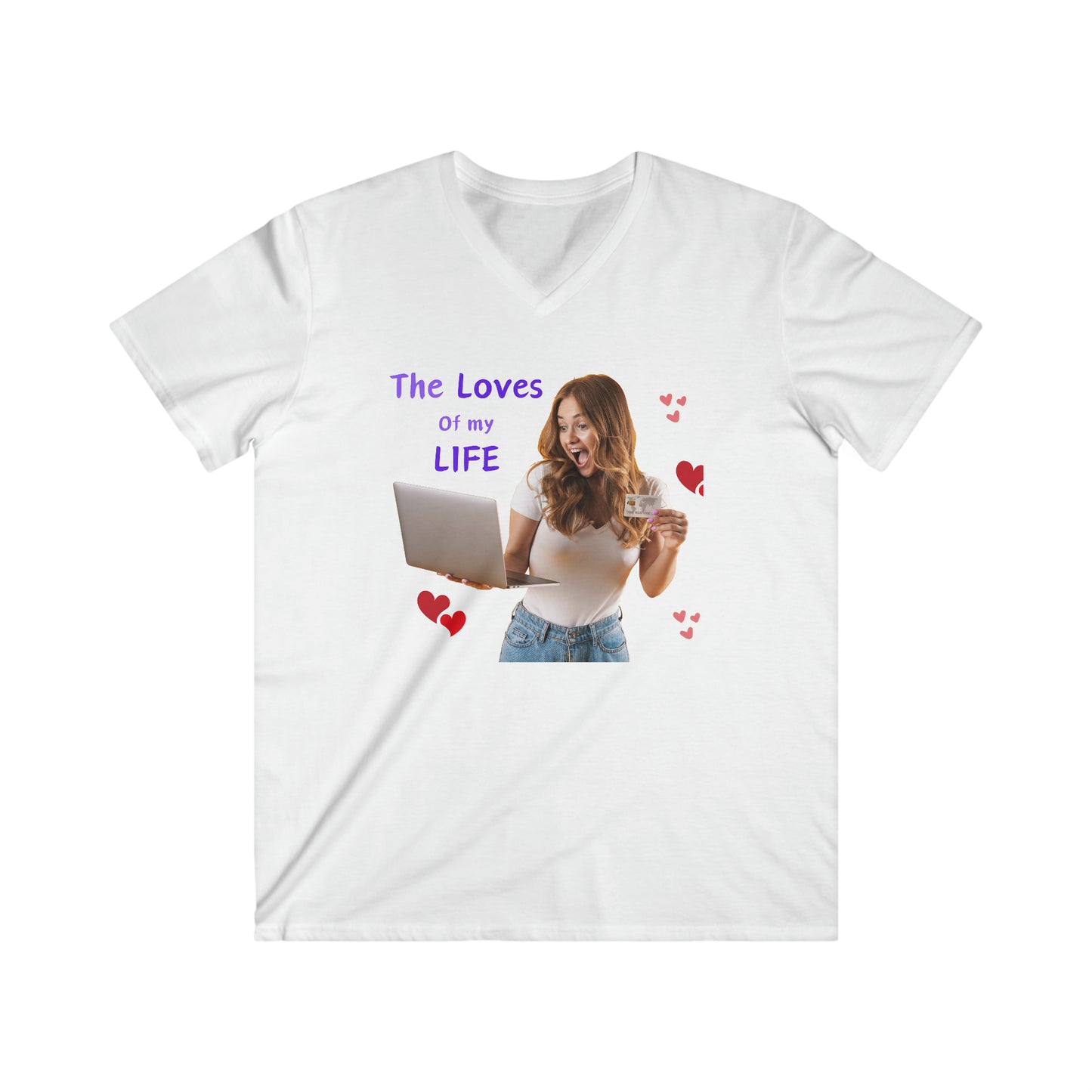 Men's Fitted V-Neck Short Sleeve Tee with slogan The Loves of my Life and images of a girl and a laptop,