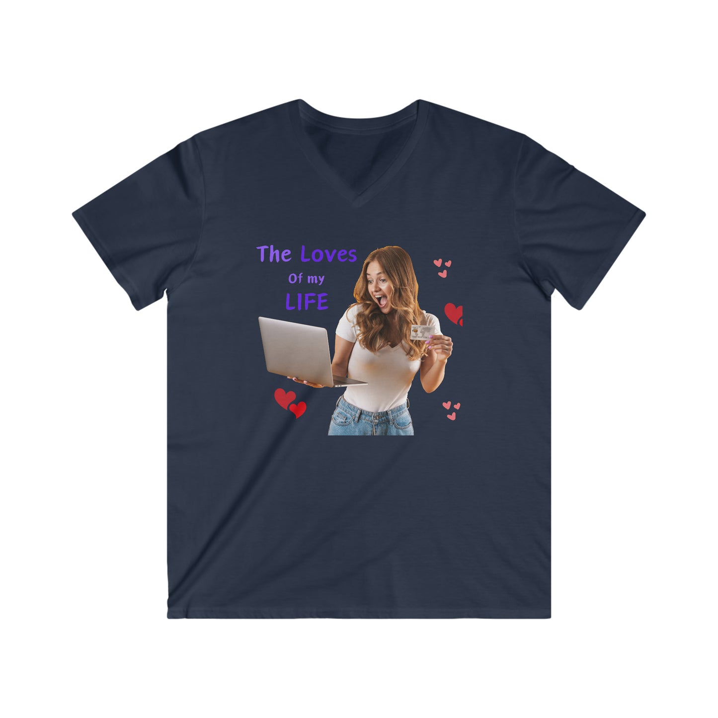 Men's Fitted V-Neck Short Sleeve Tee with slogan The Loves of my Life and images of a girl and a laptop,