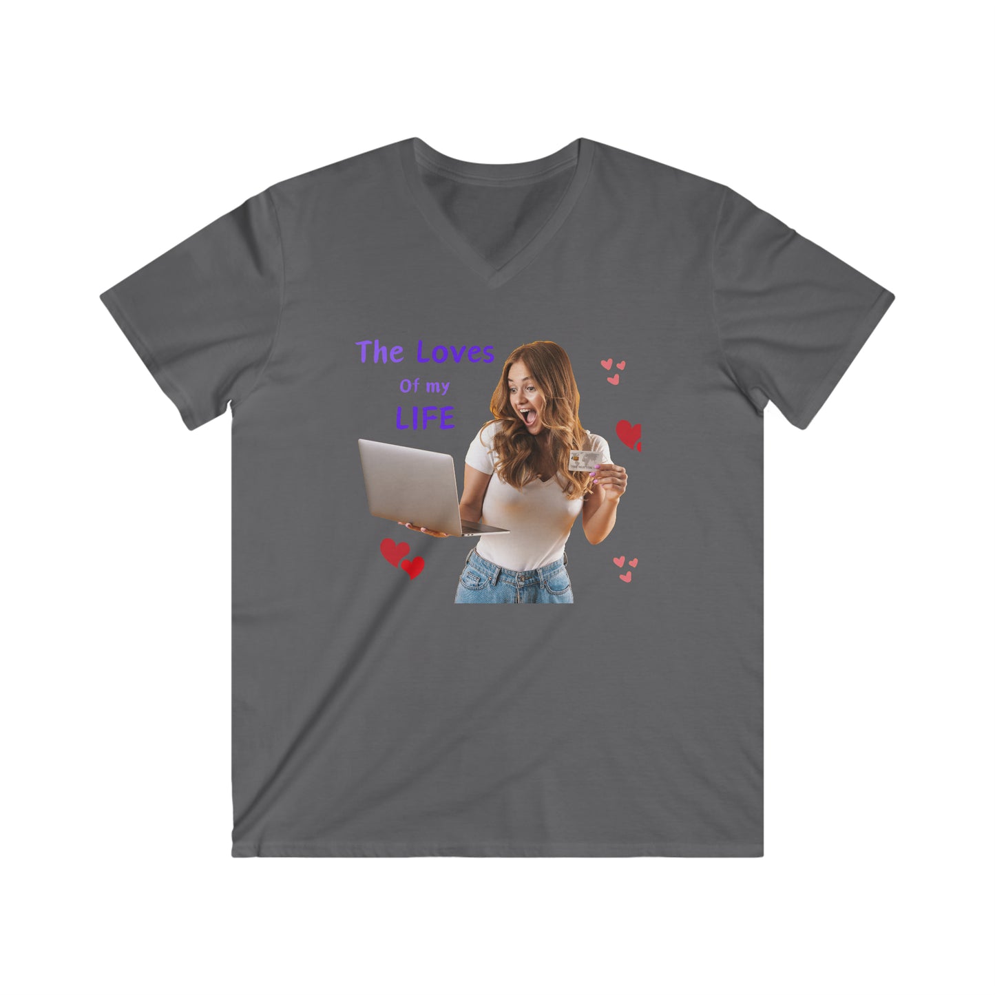 Men's Fitted V-Neck Short Sleeve Tee with slogan The Loves of my Life and images of a girl and a laptop,