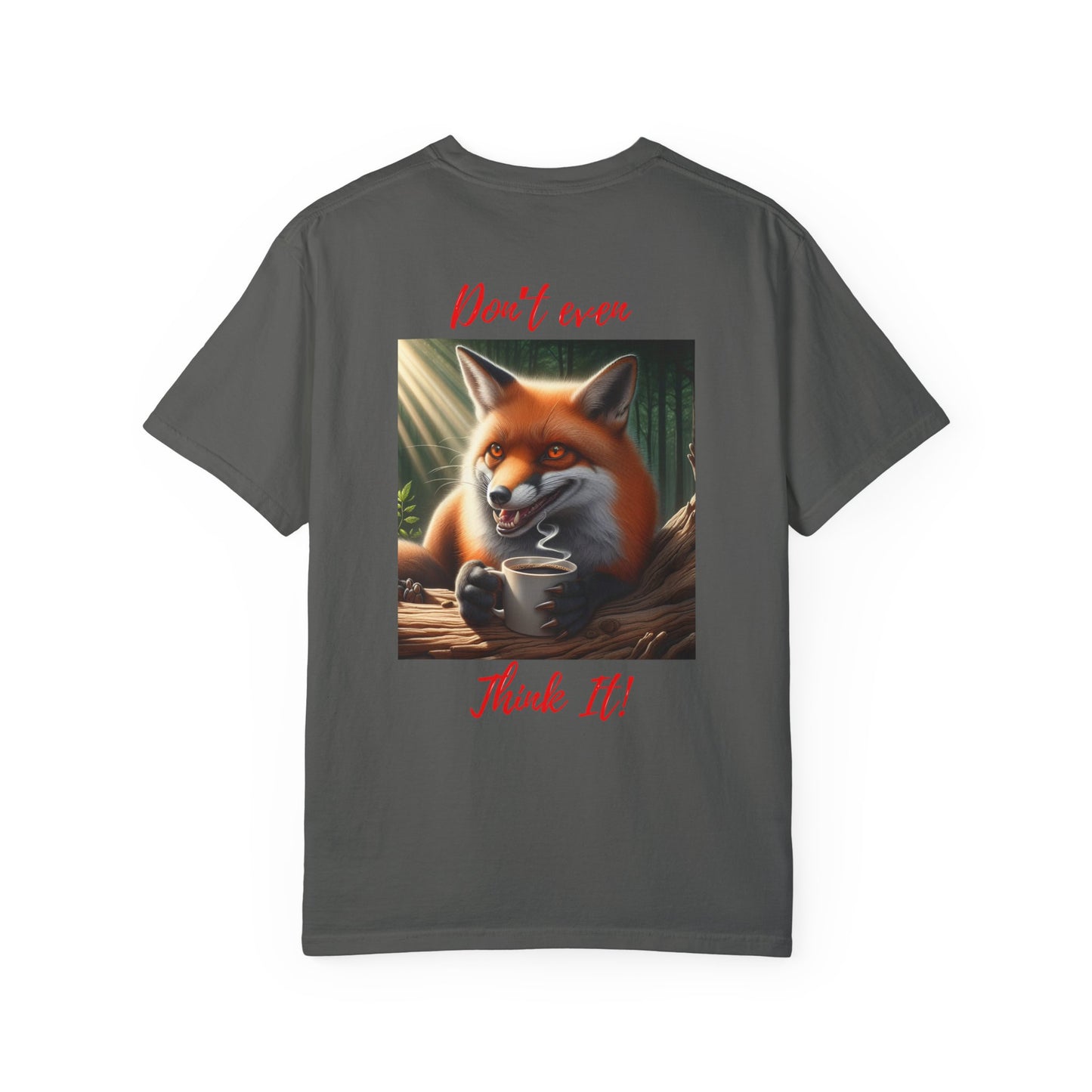 Sly Brew - Unisex T-Shirt: Evil Fox with Coffee - "Don't Even Think It!" Design. Ideal gift.