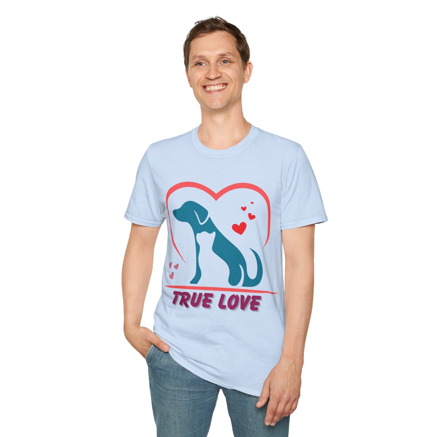 Unisex Softstyle T-Shirt With True Love image of dog and cat