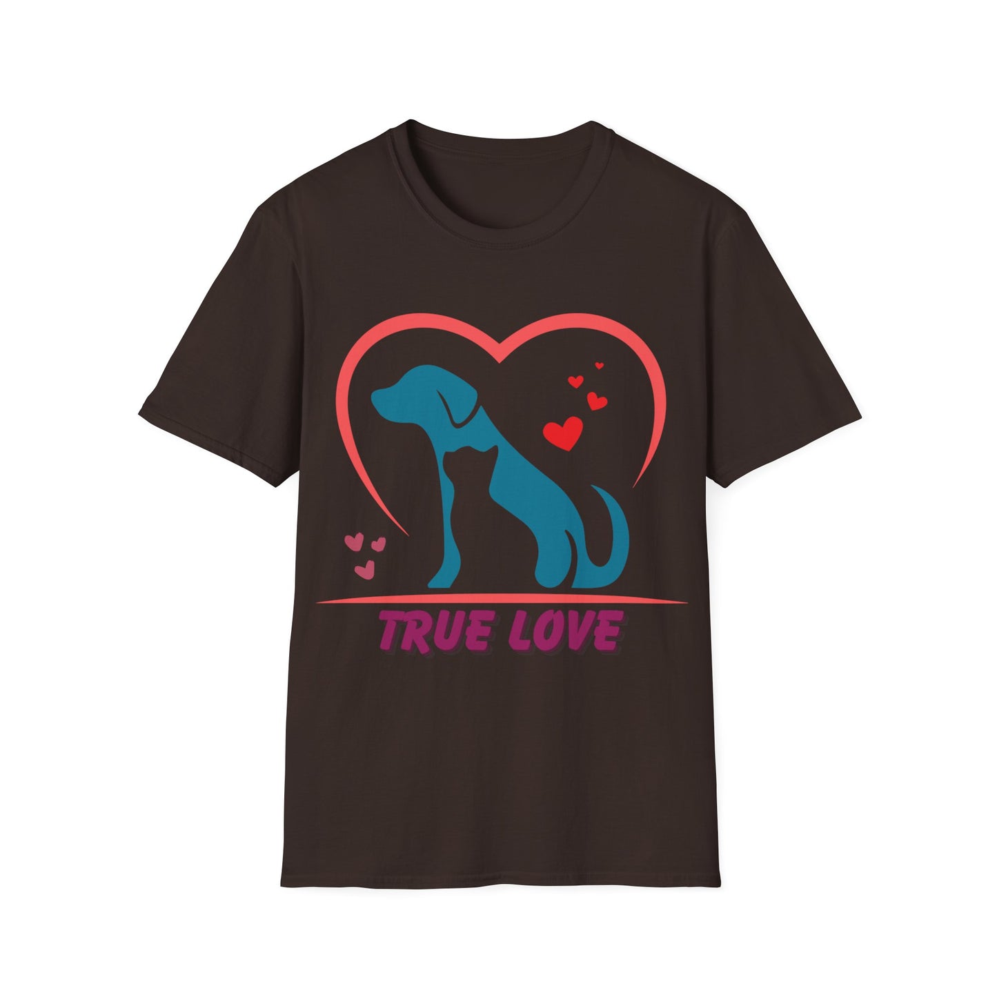 Unisex Softstyle T-Shirt With True Love image of dog and cat