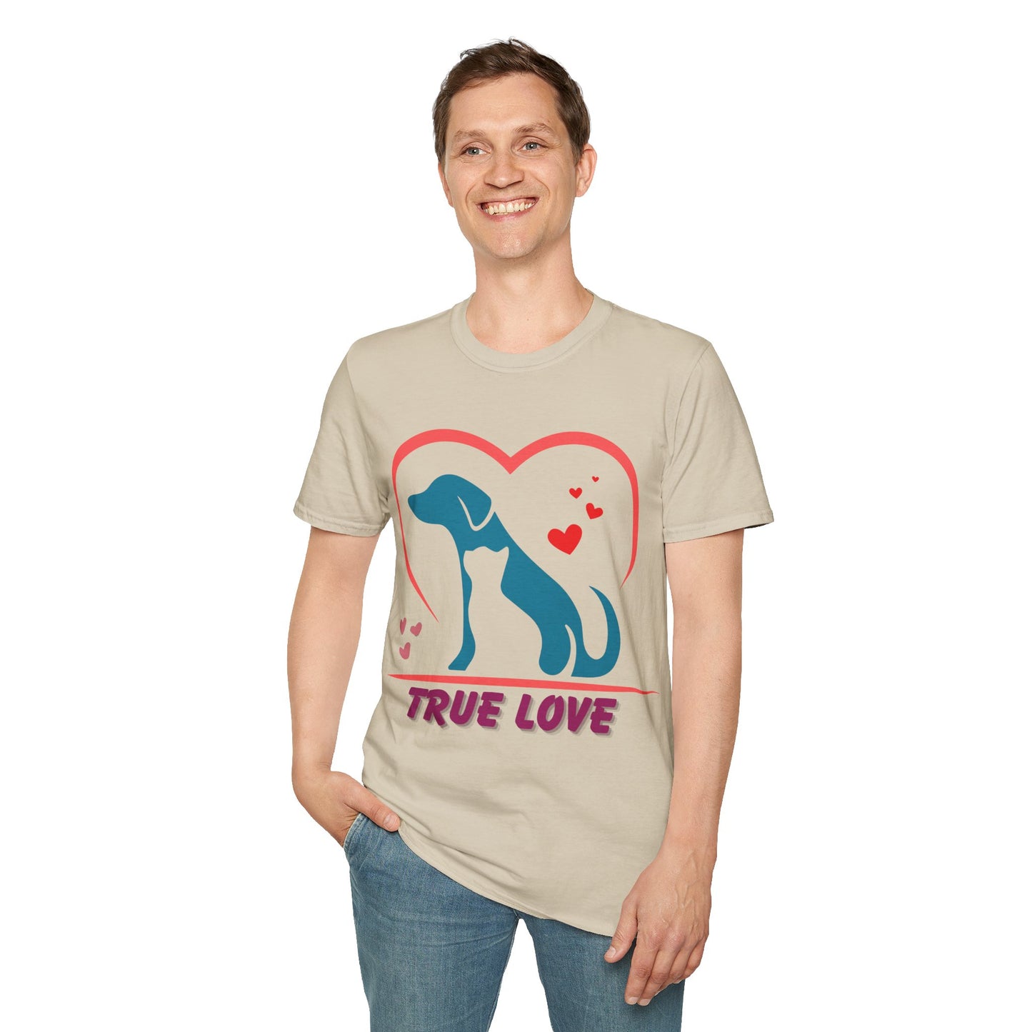 Unisex Softstyle T-Shirt With True Love image of dog and cat