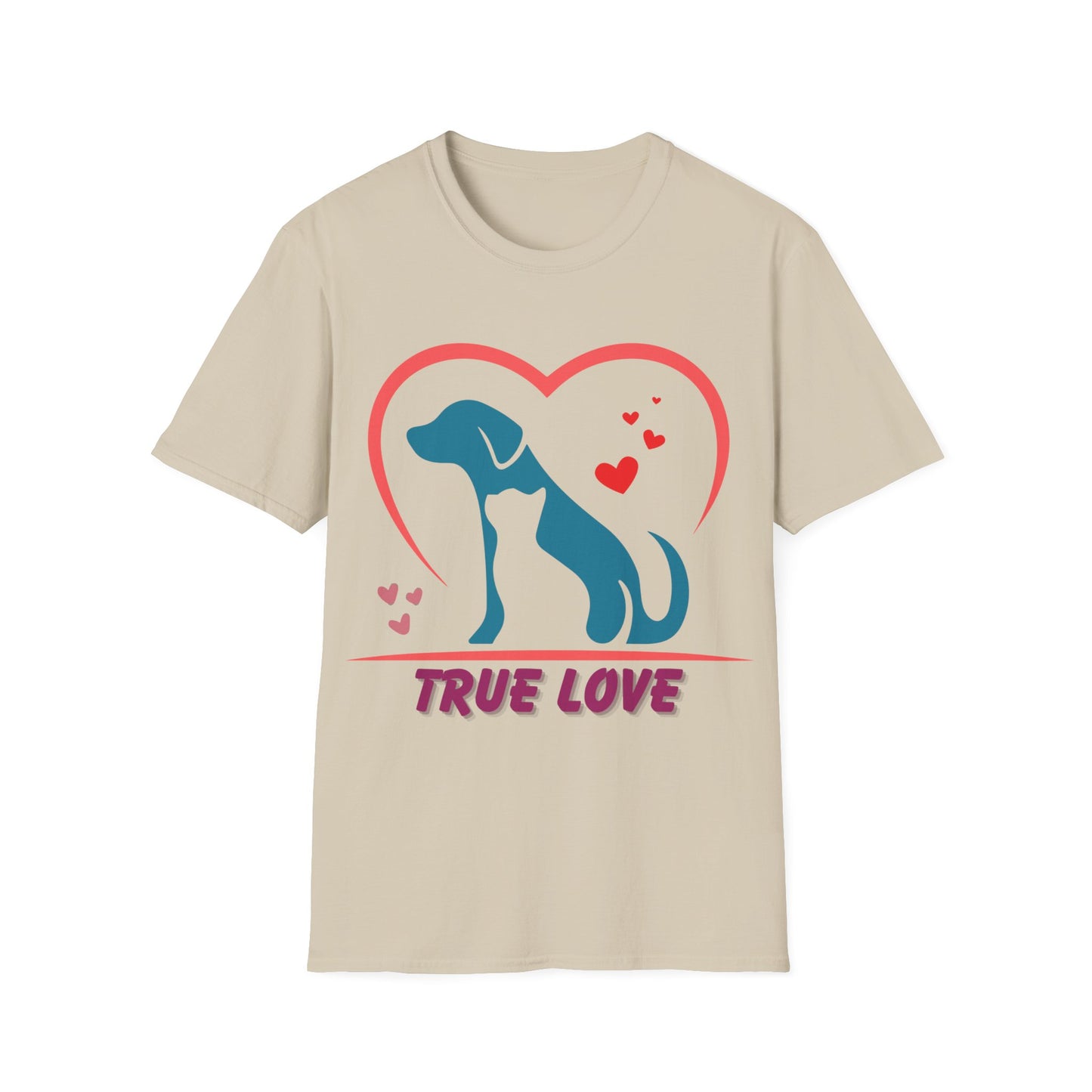 Unisex Softstyle T-Shirt With True Love image of dog and cat