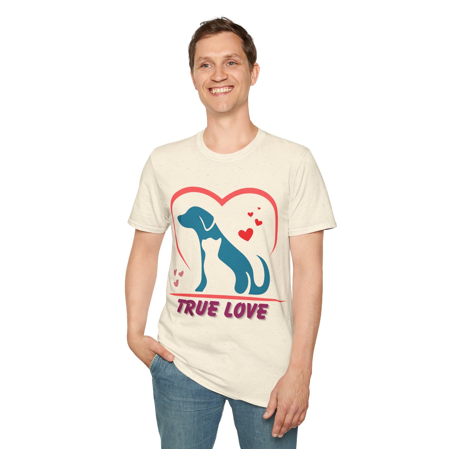 Unisex Softstyle T-Shirt With True Love image of dog and cat