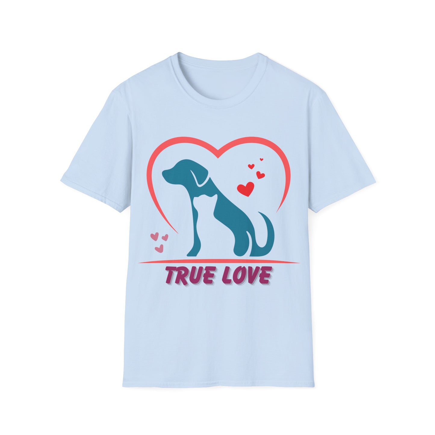 Unisex Softstyle T-Shirt With True Love image of dog and cat