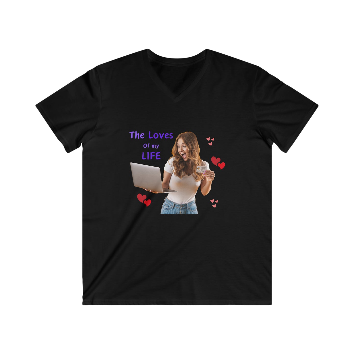 Men's Fitted V-Neck Short Sleeve Tee with slogan The Loves of my Life and images of a girl and a laptop,