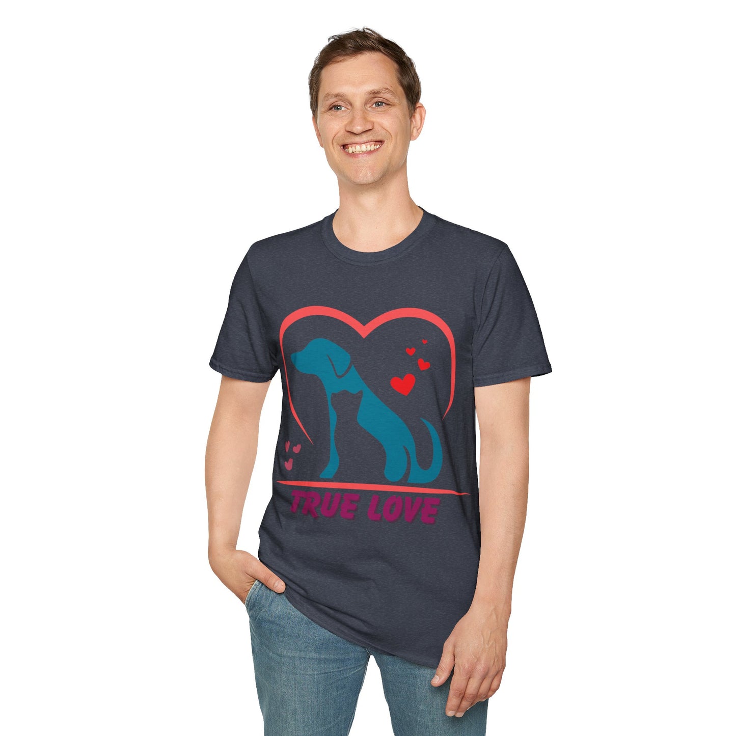 Unisex Softstyle T-Shirt With True Love image of dog and cat