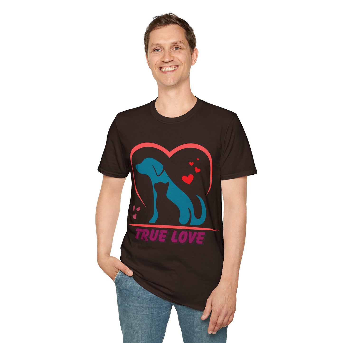 Unisex Softstyle T-Shirt With True Love image of dog and cat