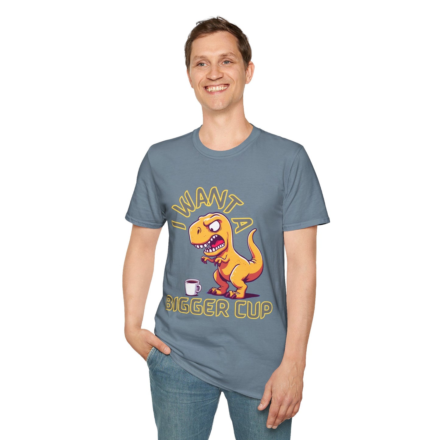 Dino wants a bigger cup Unisex Softstyle T-Shirt