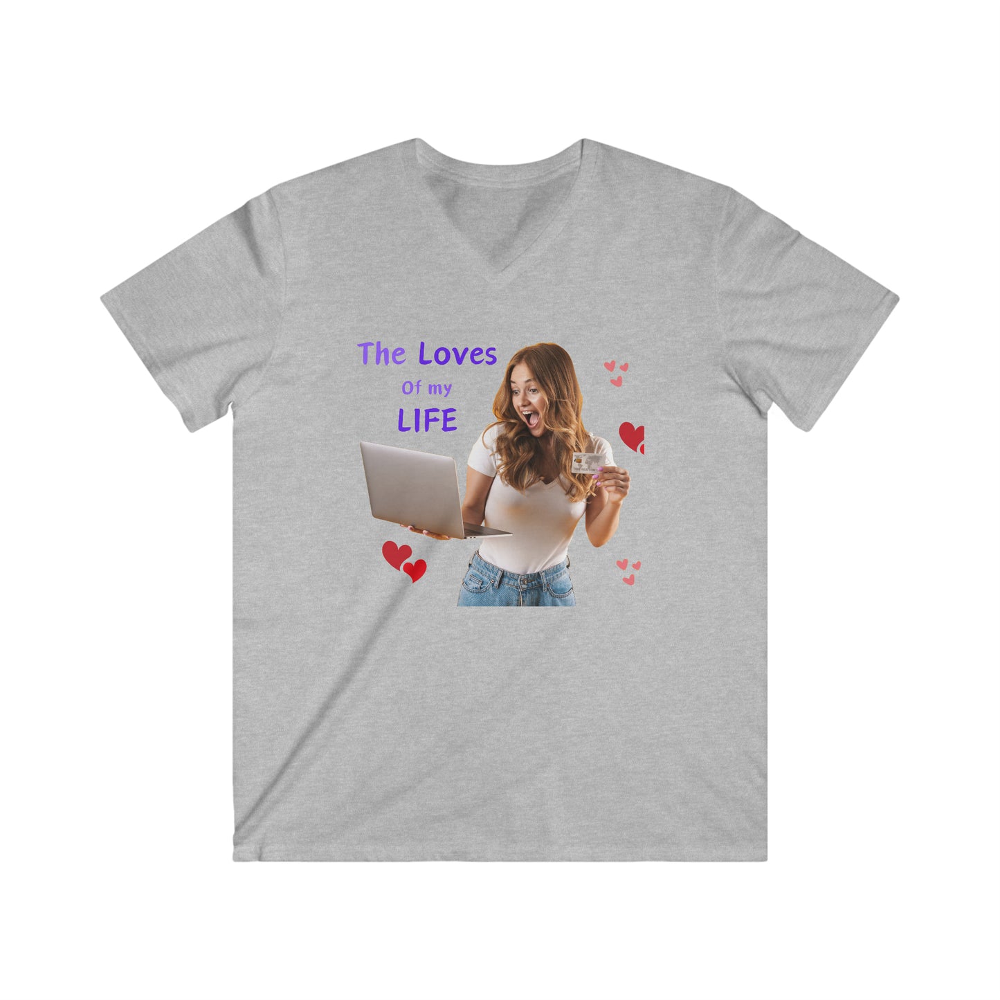 Men's Fitted V-Neck Short Sleeve Tee with slogan The Loves of my Life and images of a girl and a laptop,