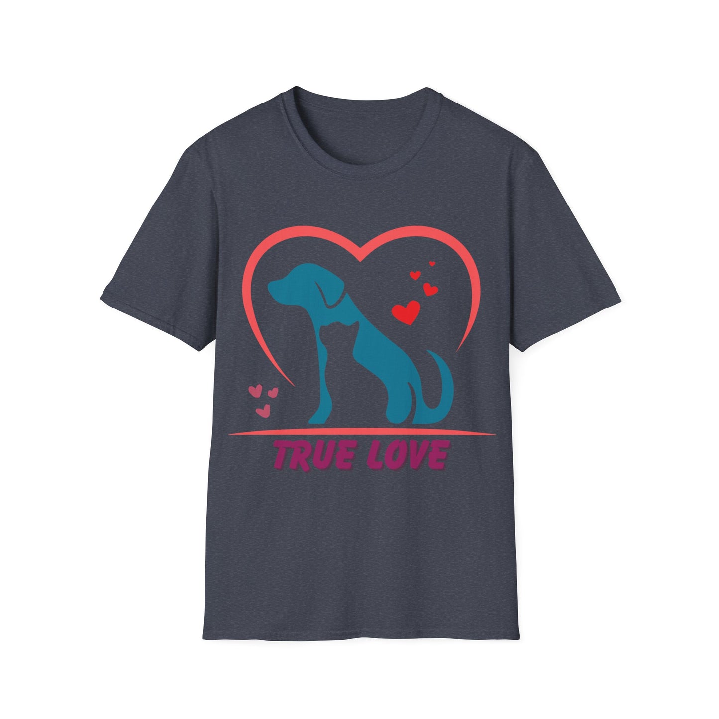 Unisex Softstyle T-Shirt With True Love image of dog and cat