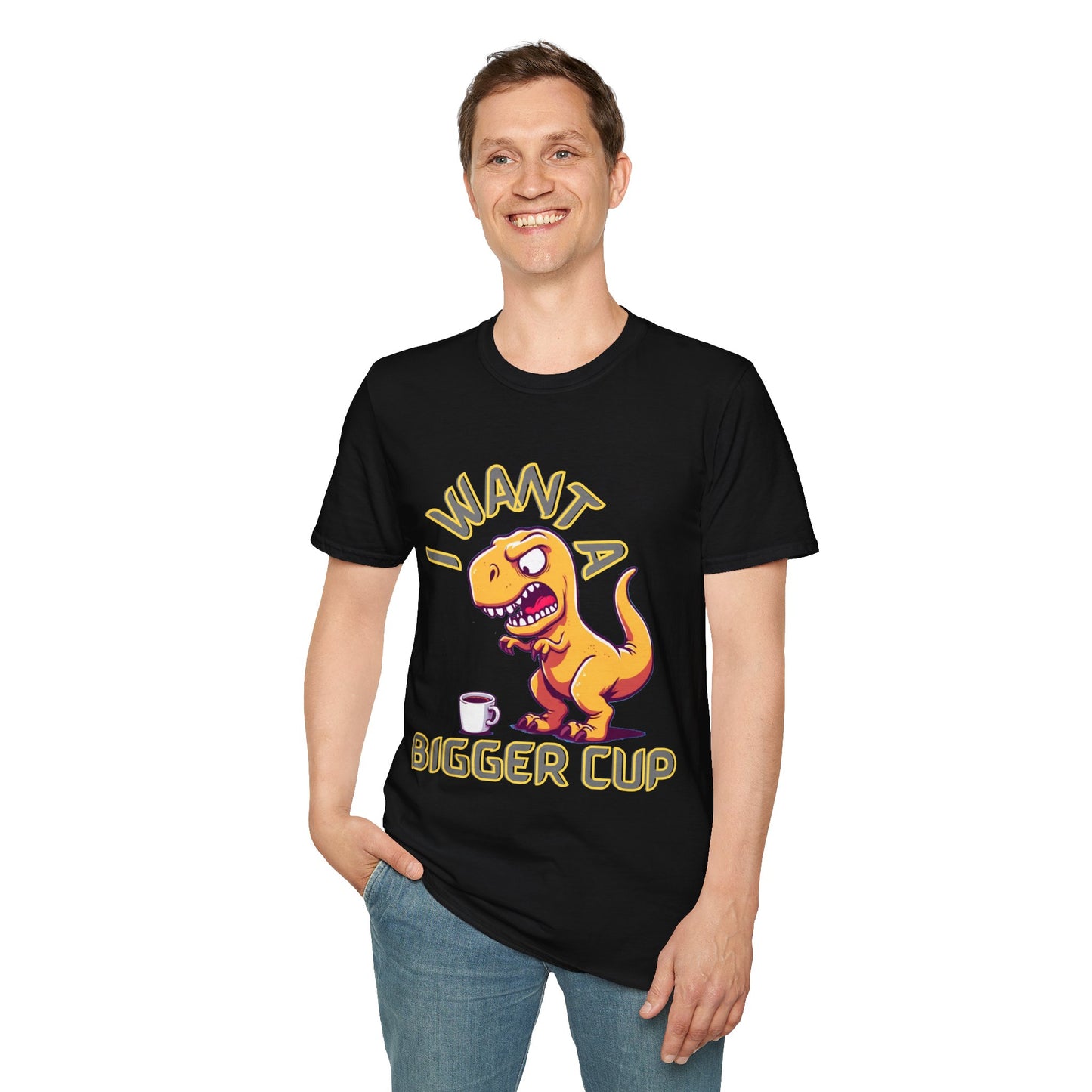 Dino wants a bigger cup Unisex Softstyle T-Shirt