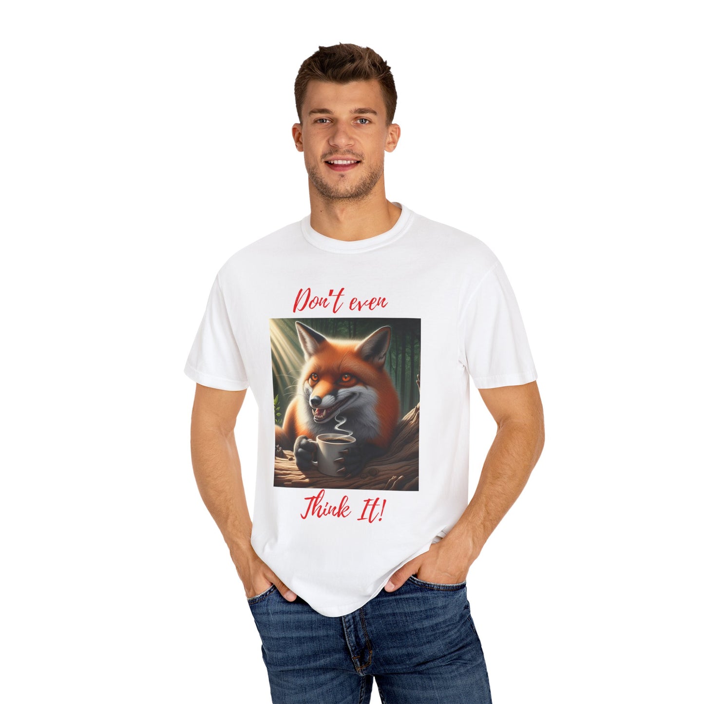 Sly Brew - Unisex T-Shirt: Evil Fox with Coffee - "Don't Even Think It!" Design. Ideal gift.