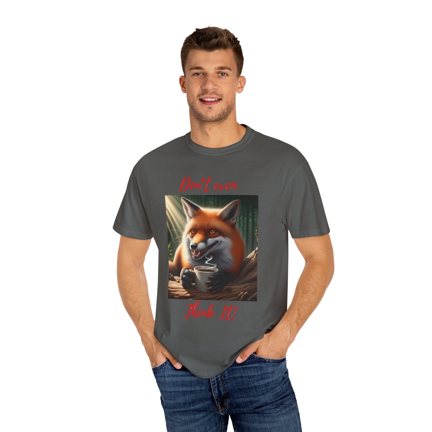 Sly Brew - Unisex T-Shirt: Evil Fox with Coffee - "Don't Even Think It!" Design. Ideal gift.