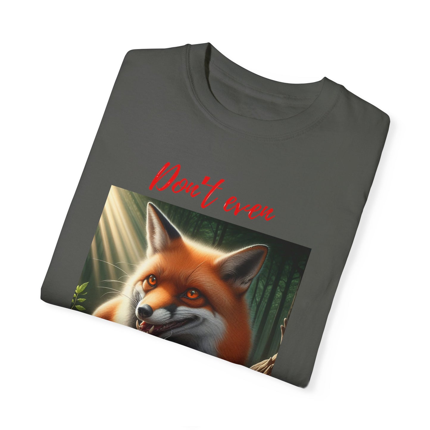 Sly Brew - Unisex T-Shirt: Evil Fox with Coffee - "Don't Even Think It!" Design. Ideal gift.