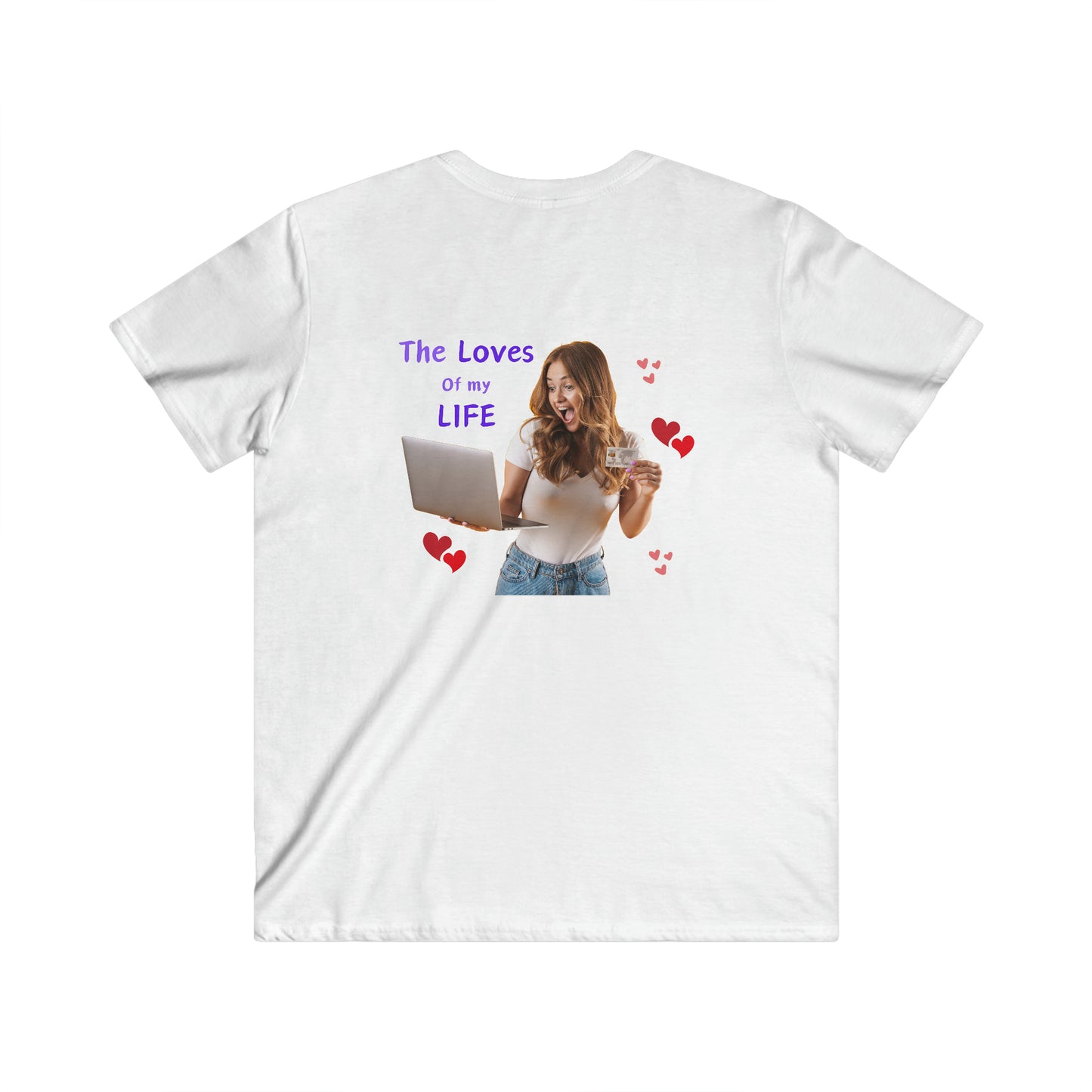 Men's Fitted V-Neck Short Sleeve Tee with slogan The Loves of my Life and images of a girl and a laptop,