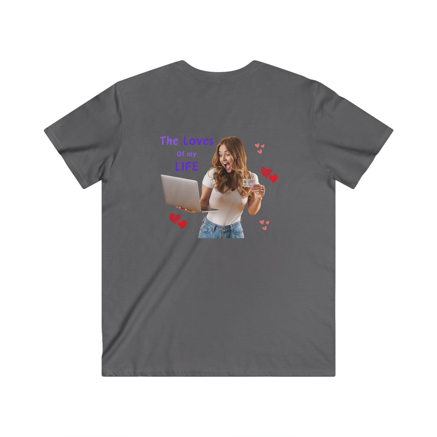 Men's Fitted V-Neck Short Sleeve Tee with slogan The Loves of my Life and images of a girl and a laptop,