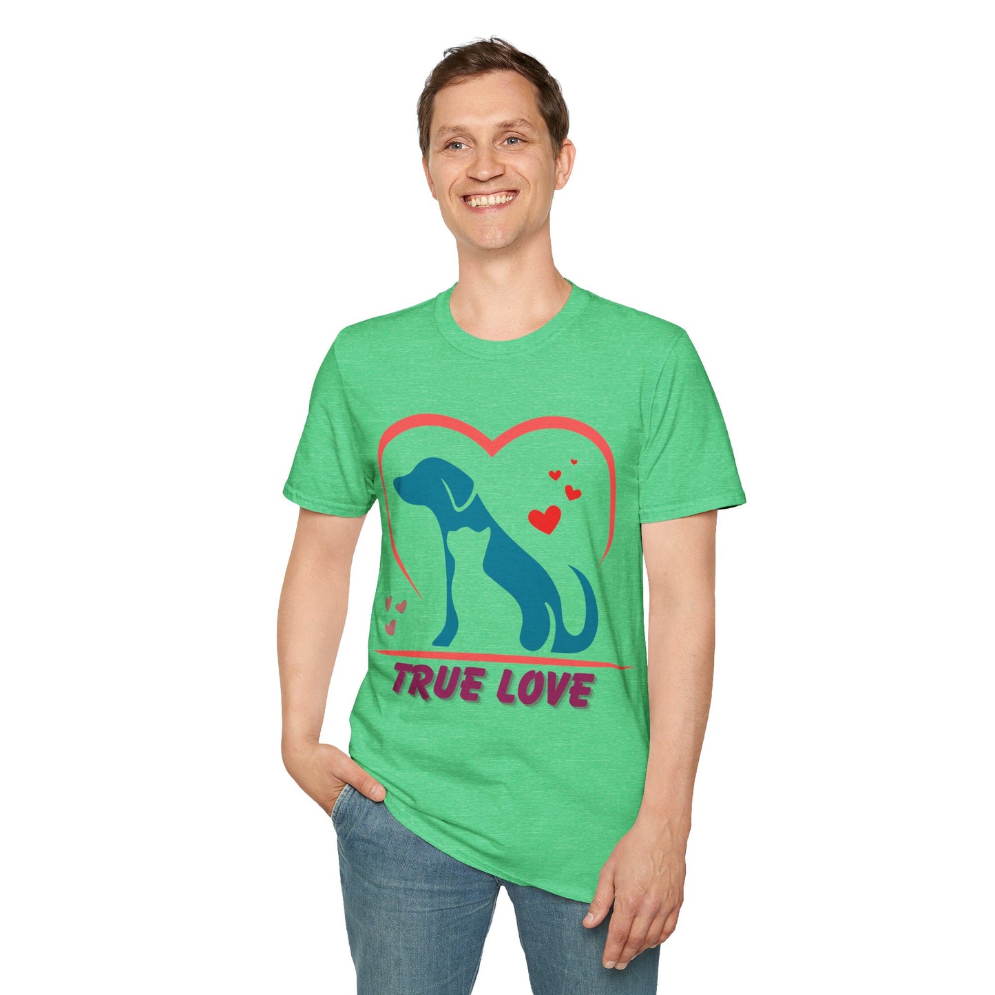 Unisex Softstyle T-Shirt With True Love image of dog and cat