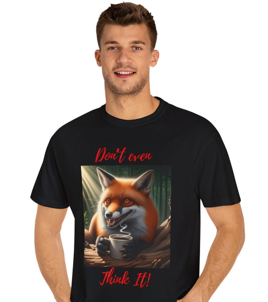 Sly Brew - Unisex T-Shirt: Evil Fox with Coffee - "Don't Even Think It!" Design. Ideal gift.