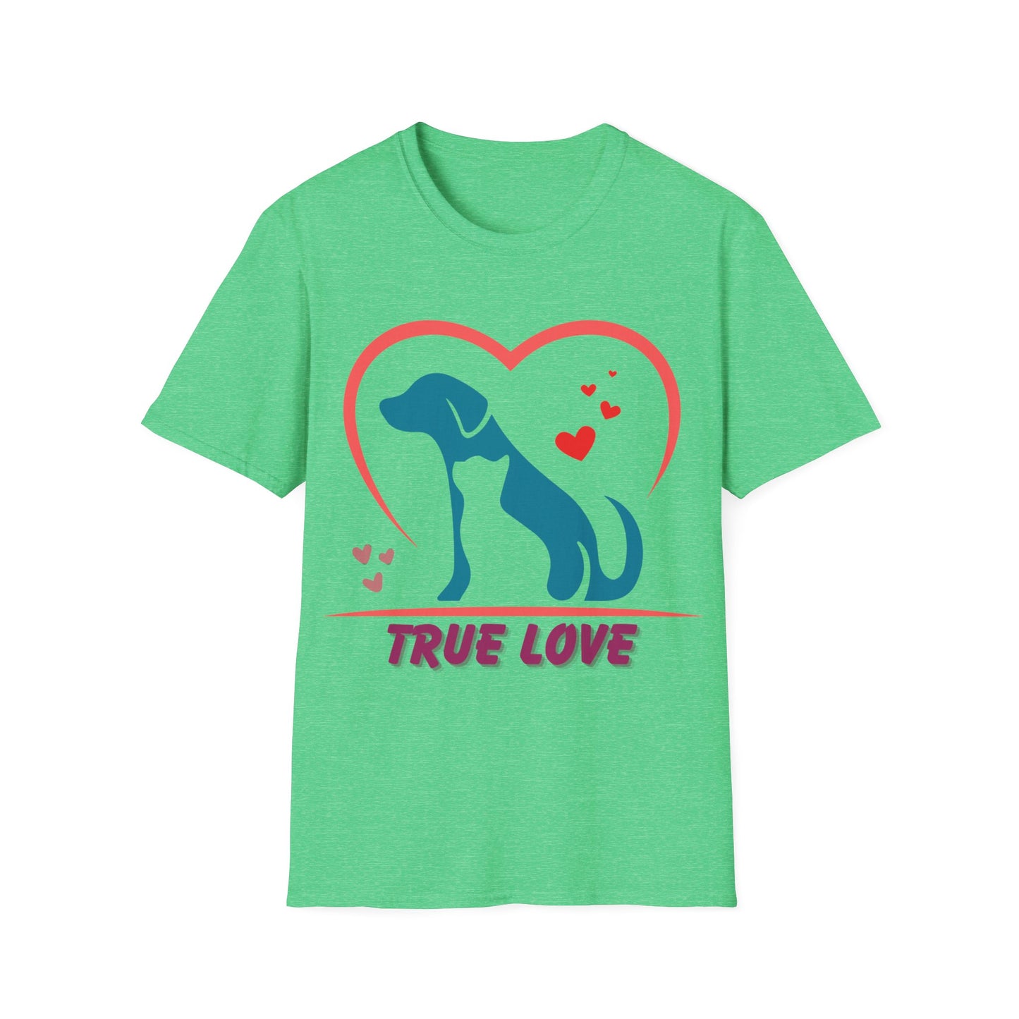 Unisex Softstyle T-Shirt With True Love image of dog and cat