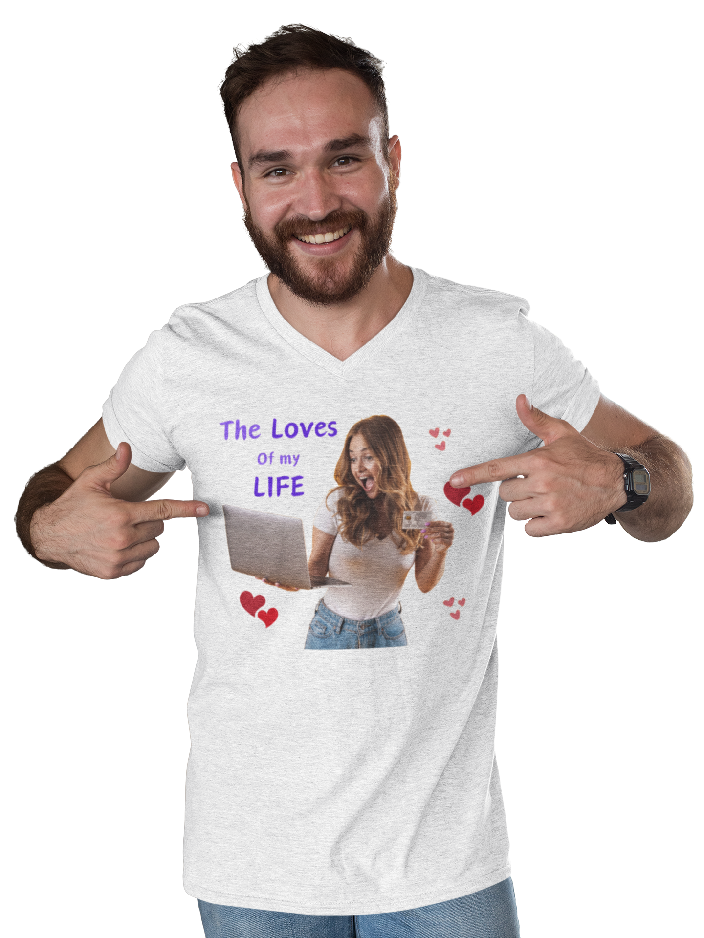 Men's Fitted V-Neck Short Sleeve Tee with slogan The Loves of my Life and images of a girl and a laptop,